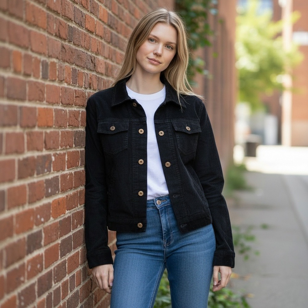 VTG Parasuco Jeans Black Corduroy Trucker Jacket Made in Italy Womens‎ S Small